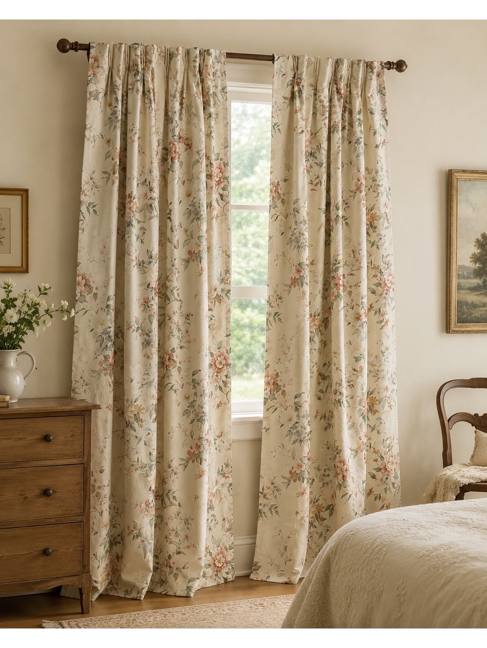 Vintage Burlington House Floral Pinch Pleat Curtain Panel 82 Long Cottage Drapes